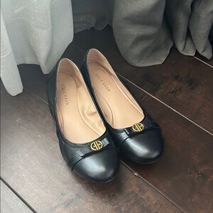Cole Haan Black Leather Gold Decal Flats - size 8.5